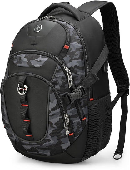 Swissdigital Design Laptop Backpack with USB Charging Port, Travel Backpack Fits 15.6 inches Computer, 31L College School Backpack for Men, Gray Camo | SD803-91