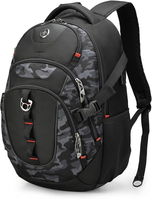 Swissdigital Design Laptop Backpack with USB Charging Port, Travel Backpack Fits 15.6 inches Computer, 31L College School Backpack for Men, Gray Camo | SD803-91