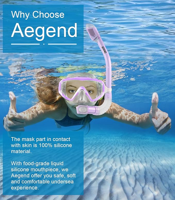 Aegend Snorkeling Gear for Adults Youth Kids, Dry Snorkel Set Panoramic View Enhanced Anti-Leak and Anti-Fog Technology, Adjustable Strap for Snorkeling Scuba Diving Swimming with Mesh Bag