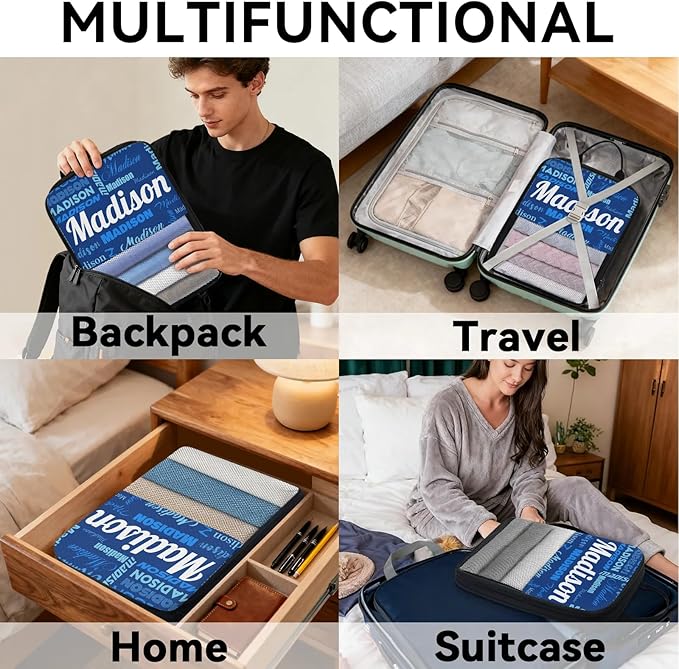 Personalized 6 Set Compression Packing Cubes for Travel Essentials with Name Customized Lightweight Carry on Expandable Luggage Organizer Bags for Women and Men, Blue