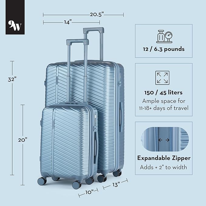 Nine West Zion 2 Piece Luggage Set for Cruise & Extended Trips, 32" Large Expandable Suitcase & 20" Smart Carry On with USB Port, Hardshell Spinners Lapis