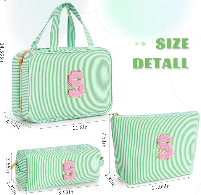 Cute Toiletry Bag Makeup Bag for Women & Girls - Cosmetic Bag | Initial Make Up Bag | Personalized Gift for Women/Her | Bridal Shower & Mother's Day Gift - Green S