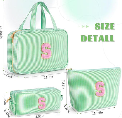 Cute Toiletry Bag Makeup Bag for Women & Girls - Cosmetic Bag | Initial Make Up Bag | Personalized Gift for Women/Her | Bridal Shower & Mother's Day Gift - Green S