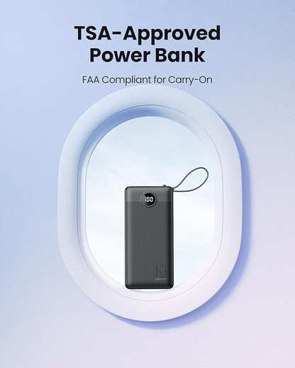 Portable Charger with Built in Cables, Slim 10000mAh Power Bank with USB C, External Battery Pack 5 Outputs 2 Inputs LED Display Compatible with iPhone/Android & More (Black)