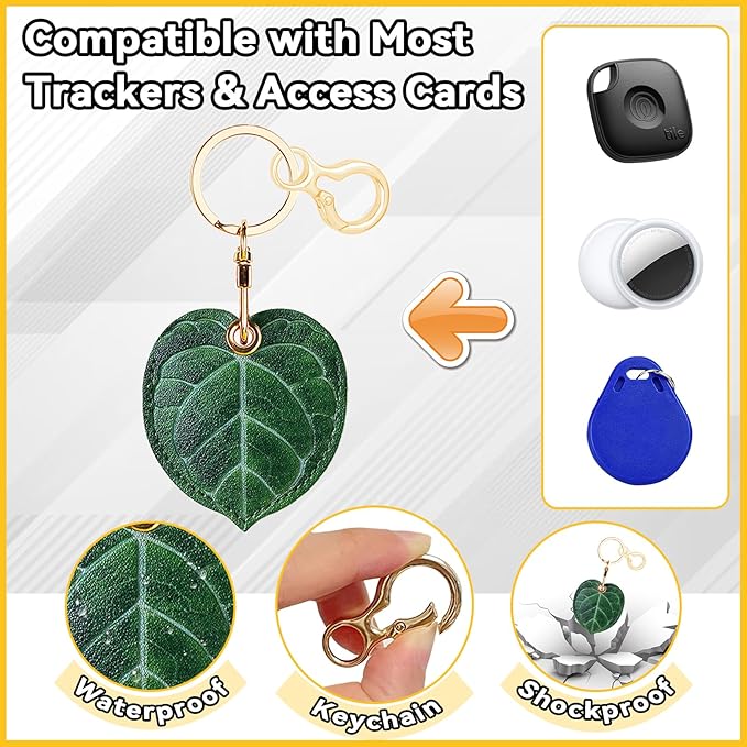 Leather Keychain for Airtag, Cute Protective Keychain Holder Compatible with Apple Air Tag,GPS Item Tracker Case Cover for Keys,Bags,Pets,Luggage(Leaf)