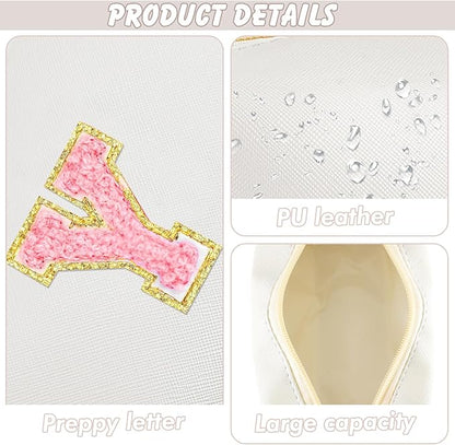 Initial Makeup Bag Personalized Preppy Travel Small Cosmetic Bag Cute PU White Chenille Letter Makeup Pouch for Purse Waterproof Zippered Toiletry Organizer for Women Girls Kids Friends (Y)