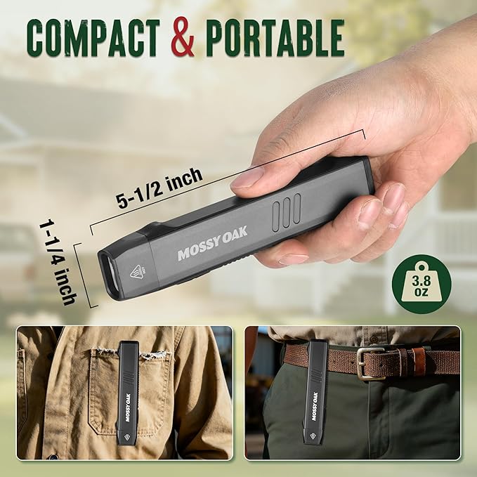 Mossy Oak Rechargeable EDC Flat Flashlight 1200 Lumens, Pocket Work Light with Magnetic Base, UV & White Light Combo, Waterproof LED Inspection Light for Work and Home - Idea Christmas Gift for Men