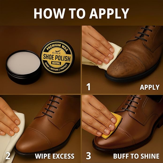 Eagle Shoe Polish Wax – Premium High-Gloss Shine – Restores Color, Covers Scuffs, Nourishes & Protects - 3-Piece Kit