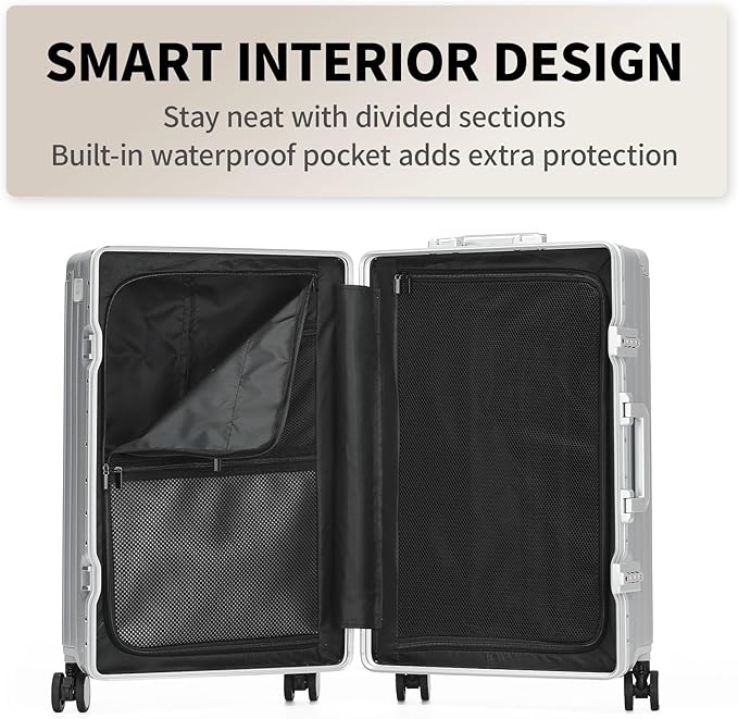 24 Inch Aluminum Frame Checked Travel Luggage with Spinner Wheels,Zipperless Hard Shell Suitcases with TSA Approved USB Port,Cup & Phone Holder for Women Men,Silver