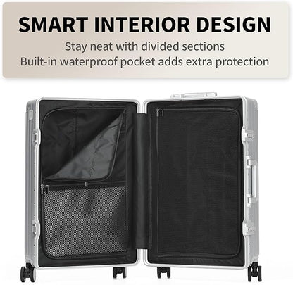 24 Inch Aluminum Frame Checked Travel Luggage with Spinner Wheels,Zipperless Hard Shell Suitcases with TSA Approved USB Port,Cup & Phone Holder for Women Men,Silver