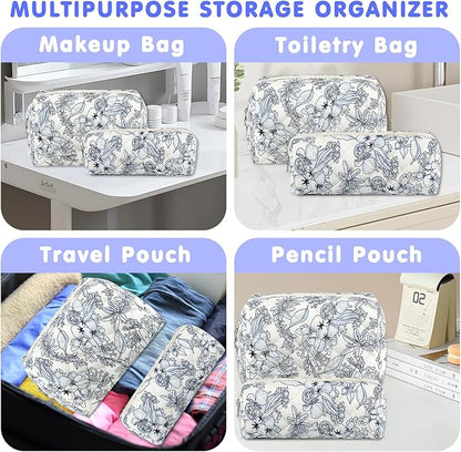 2Pcs Floral Makeup Bag for Women Cotton Quilted Coquette Cosmetic Bag Cute Zipper Black Flower Makeup Pouch Aesthetic Portable Pencil Pouch Travel Toiletry Bag Trendy Cloth Skincare Bag