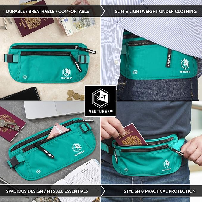 VENTURE 4TH Money Belt for Travel – Hidden Under-Clothes RFID Blocking Passport Holder & Slim Travel Wallet Pouch for Men & Women to Protect Cash, Cards & Documents (Turquoise)