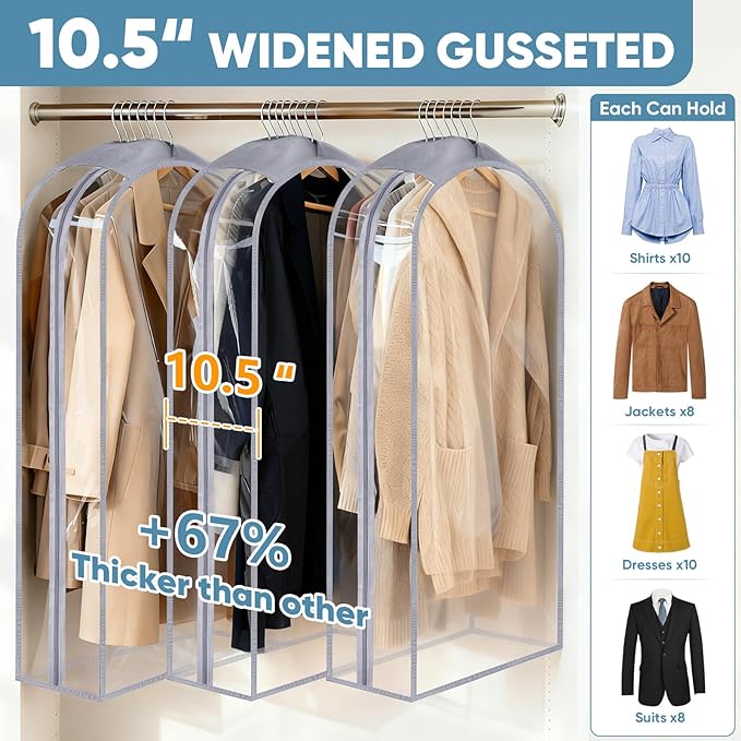 BALEINE 40'' Clear Garment Bags for Hanging Clothes, 10.5'' Wide PEVA Suit Bag for Closet Clothes Dresses Coat (Clear, 6PK)