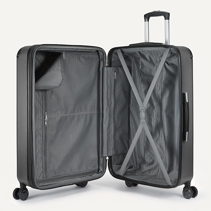Amazon Basics 4-Piece Luggage Set, Including Two Hardside Suitcases With Multi-directional Spinner Wheels (22" Carry-On and 28" Checked), One 15-inch Tote Bag and One 10-inch Compact Travel Bag, Black