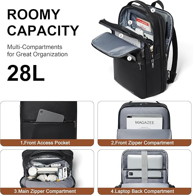 Shrrie Vegan Leather Laptop Backpack for Women&Men,16 Inch Expandable Backpack with USB Charging Port,Two-toned Black