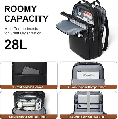 Shrrie Vegan Leather Laptop Backpack for Women&Men,16 Inch Expandable Backpack with USB Charging Port,Two-toned Black