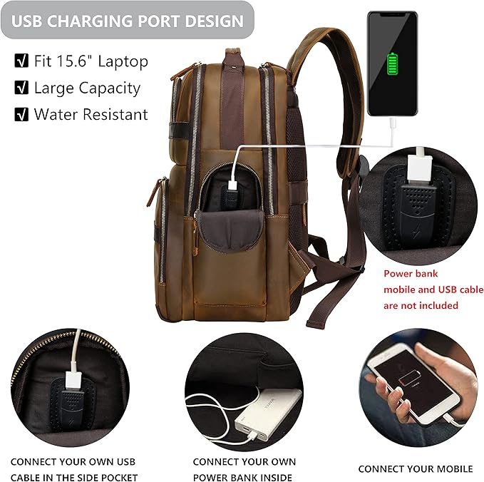 Full Grain Leather Backpack for Men,15.6" Laptop Backpack with USB Charging Port,Large Capacity Vintage Casual Travel Business Work Computer Bag Outdoor Weekend Daypack (Light Brown)