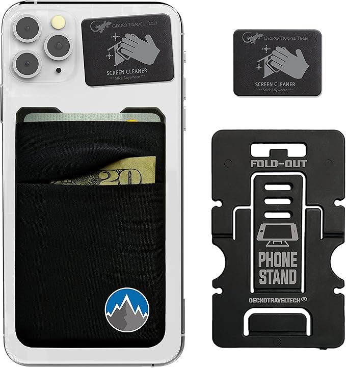 Gecko Travel Tech Double Pocket - Adhesive Card Holder - Cell Phone Pouch - Stick on Spandex Pocket - Carry Credit Cards and Cash (Mountain)
