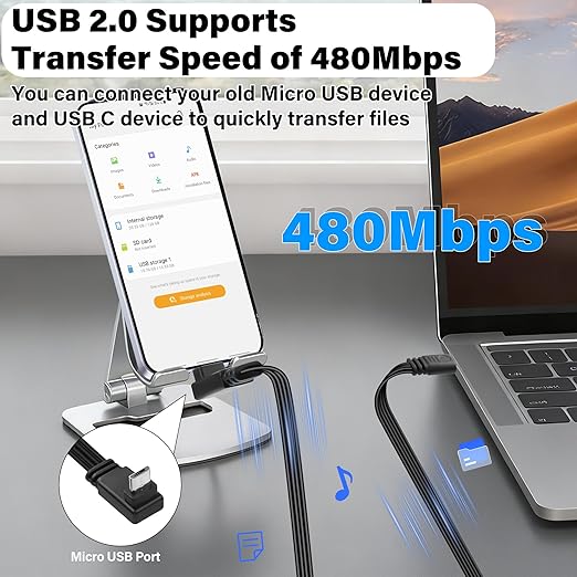 Flexible USB Type-C to Micro USB Cable,90 Degree Micro 5pin to USB C Flat Data Cable,Type C-to-Micro Short Flat Cable Supporting Charging& DataTransfer,for Phone,Camera,Laptop-30CM(Up)