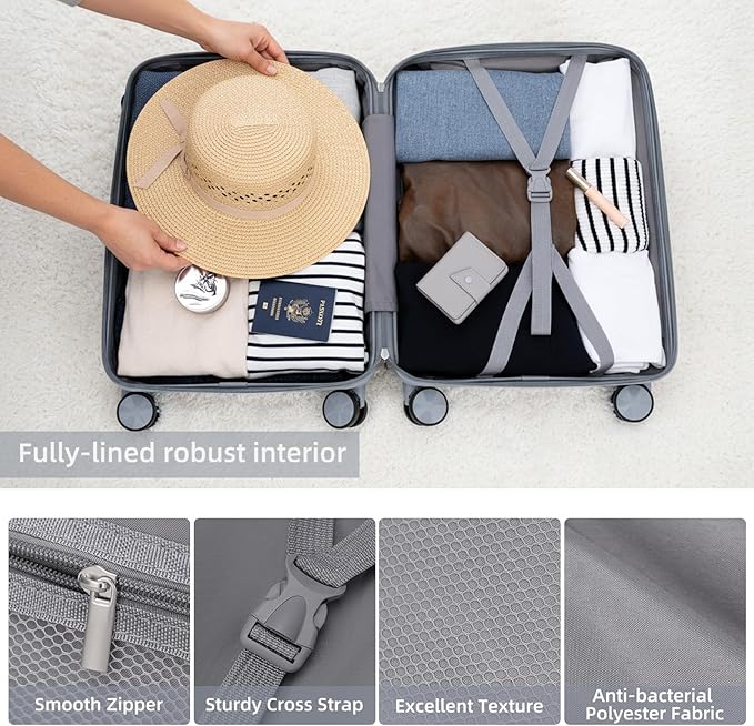 LARVENDER Luggage Sets 3 Piece, Hardside PP Carry On Luggage Suitcase with 360° Spinner Wheels Suitcase Sets for Women Men, Silver Grey