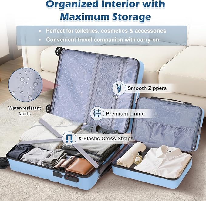 AnyZip Suitcase, 20" Carry On Luggage 14" Mini Cosmetic Cases Luggage Sets Hardside PC ABS Lightweight USB Suitcase with Wheels TSA for kids (2 Piece Set 14/20, Light blue)