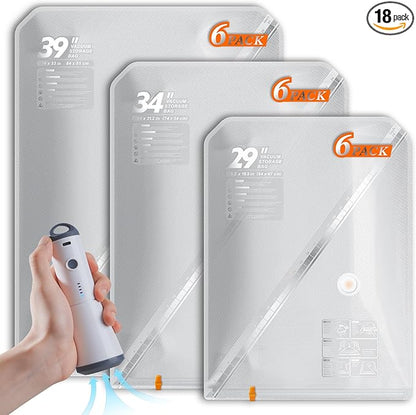Vacuum Seal Bags for Clothing with Rechargeable Cordless Pump, 18 Pack Vacuum Storage Space Saver Bags, Compression Packing Seasonal Storage for Clothes Bedding Blanket Pillows Comforters