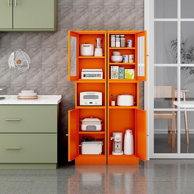 Metal Bathroom Storage Cabinet 67" Slim Bathroom Organizer with 3 Adjustable Shelves, 2 Doors (Left/Right Opening),Metal Floor Cabinet for Small Spaces(Glass, Orange)
