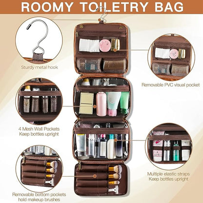 Elviros Hanging Toiletry Bag for Men Travel Essentials 3-in-1 Large Waterproof Dopp Kit PU Leather Shaving Bag with Separate Compartments for Grooming and Toiletries Mens Gift