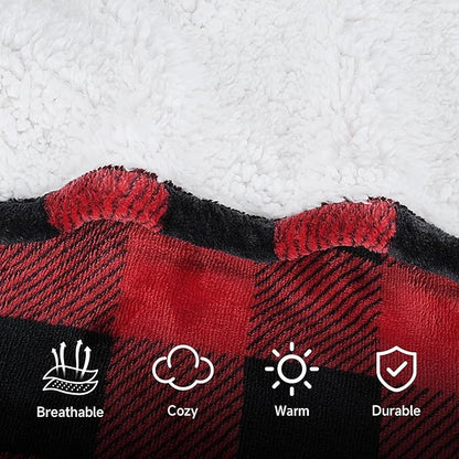 Catalonia Sherpa Wearable Blanket Poncho for Adult Women Men, Wrap Blanket Cape with Pocket, Warm, Soft, Cozy, Snuggly, Comfort Gift, No Sleeves, Plaid Buffalo Christmas