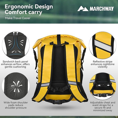 MARCHWAY Roll Top Waterproof Backpack, Floating Dry Bag 20L/30L/45L with Ergonomic Rectangular Base, Cushioned Back, Hip Strap for Hiking Camping Kayaking Travel (Yellow, 20L)