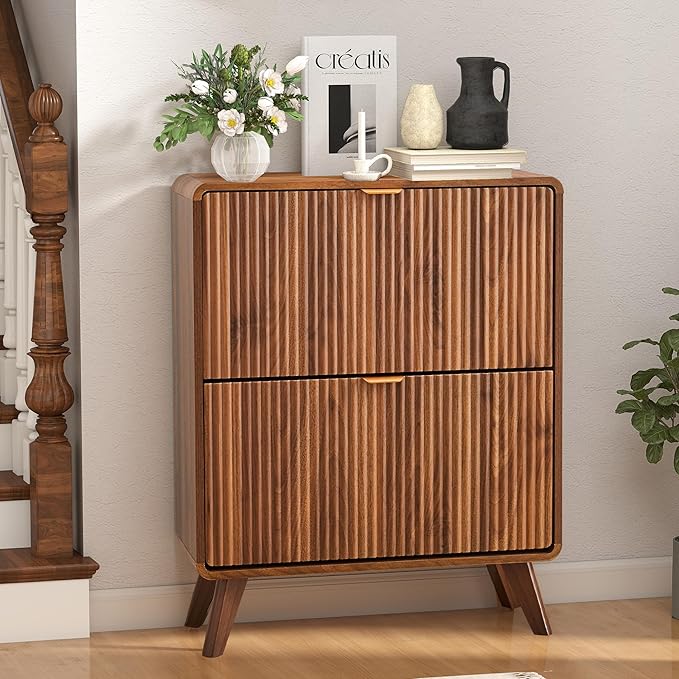 RARZOE Fluted Shoe Storage Cabinet with 2 Flip Drawers, Narrow Curved Shoe Cabinet for Entryway, Freestanding Wood Hidden Shoe Organizer Closed Shoe Rack Cabinet for Foyer, Hallway (27.5''Walnut)