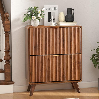 RARZOE Fluted Shoe Storage Cabinet with 2 Flip Drawers, Narrow Curved Shoe Cabinet for Entryway, Freestanding Wood Hidden Shoe Organizer Closed Shoe Rack Cabinet for Foyer, Hallway (27.5''Walnut)