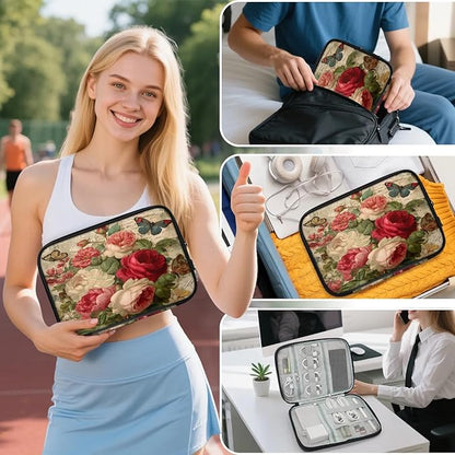 Cable Organizer Vintage Butterfly Roses Electronics Travel Organizer Case Tech Accessories Pouch Waterproof Cord Storage Bag for Power Bank Charger Phone Earphone