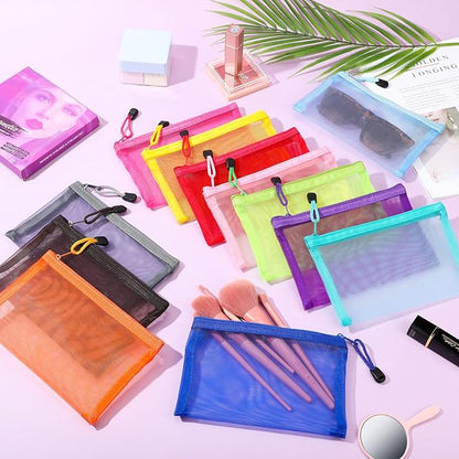 Jexine 24 Pcs Mini Zipper Mesh Bags Lipstick Cosmetic Accessories Organizer Nylon Makeup Zipper Pouch Small Cosmetic Bag for Purse Beauty Mesh Travel Pouch for Women(7.5 x 4.5 Inch,Bright Color)