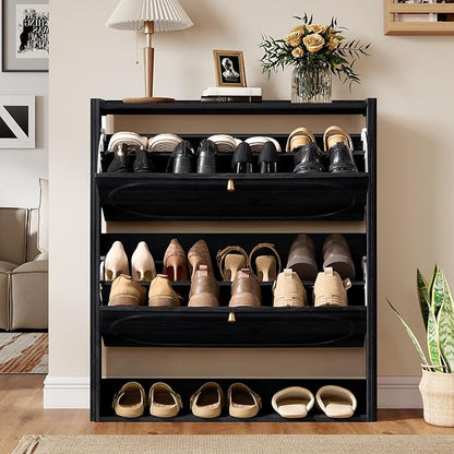 ORRD Shoe Storage Cabinet with 2 Flip Drawers, Wood Narrow Shoe Cabinet for Entryway, Fluted Hidden Shoe Organizer, Freestanding Slim Shoes Cabinets for Foyer, Hallway-Black