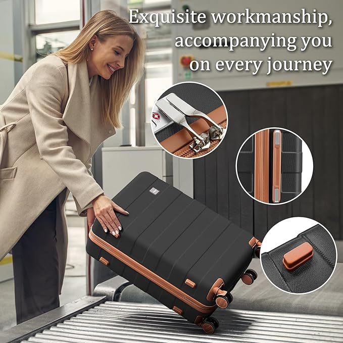 imiomo Luggage Sets 2 Piece Check and Large,Hardside Suitcase with Spinner Wheels, Lightweight Rolling Travel Luggage with TSA Lock (Black, 4PCS)