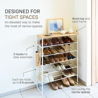 YAMAZAKI Home Six-Tier Shoe Organizer – Tall Slim Shoe Rack for Entryway Or Closet, Narrow Metal Shoe Storage with Wooden Top, Steel, White, Easy Assembly, 34" - Steel - Holds 18 to 21 Shoe