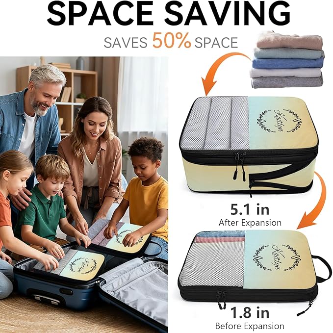 Custom 6 Set Compression Packing Cubes with Name Personalized Compressible Expandable Packing Organizers Luggage Carry On Suitcase Bags Travel Accessories Gifts
