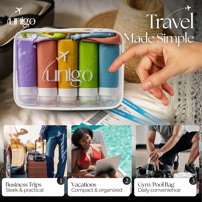 unigo Travel Bottles For Toiletries, 5-pack 3.oz TSA Aprroved Travel Size Bottles, Containers For Toiletries, BPA Free, Leak Prrof, Refillable Containers Bottles (Multicolor B)