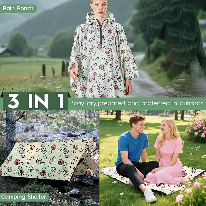 Bruvoalon 3-in-1 Rain Poncho with 1/4 Zip & Chest Pocket, Waterproof, Sunshade, Ground Mat for Adults & Youth Emergency