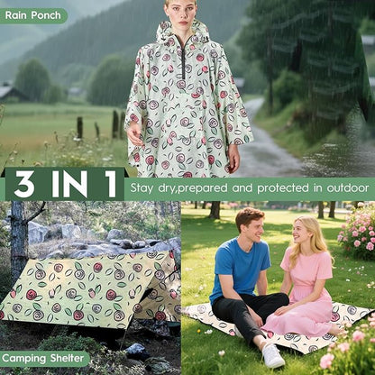 Bruvoalon 3-in-1 Rain Poncho with 1/4 Zip & Chest Pocket, Waterproof, Sunshade, Ground Mat for Adults & Youth Emergency