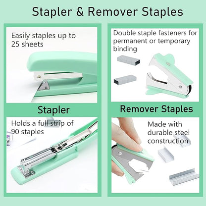 Green Office Supplies, Green Desk Accessories, Stapler, Staple Remover, Tape Holder, Pen Holder, Ballpoint Pen, Scissor, Binder Clips, 1000pcs Staples, Phone Holder, Ruler, Transparent Glue and Notes