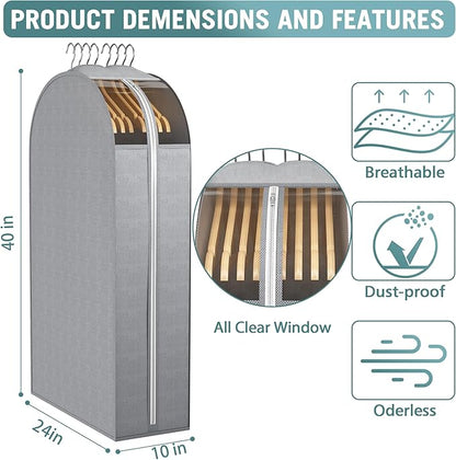 10" Gusseted Garment Bags for Hanging Clothes with Clear Window, 40" Suit Bags for Open Closet Storage, Clothing Cover for Coat, Dress, Jacket, Shirt, Fur Wardrobe Protector, 3 Packs