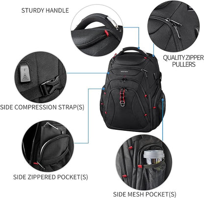 KROSER Travel Laptop Backpack 17.3 Inch XL Computer Backpack with Hard Shell Saferoom RFID Pockets Water-Repellent Business College Daypack Stylish Bag for Men/Women-Black