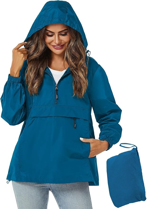 Avoogue Womens Rain Jacket with Hood,Pullover,Packable,Lightweight,Windbreaker,Waterproof,Breathable.