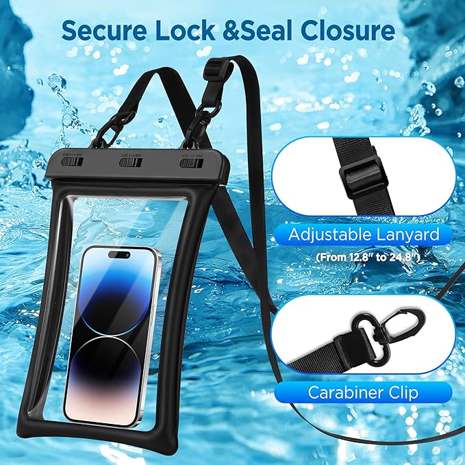 CACOE [Floatable Extra Large Universal IPX8 Waterproof Phone case 2 Pack-Up to 10.0",Adjustable Lanyard Phone Pouch,Dry Bags for Vacation Beach Pool Kayak Cruise Travel Essentials（Black+Green）