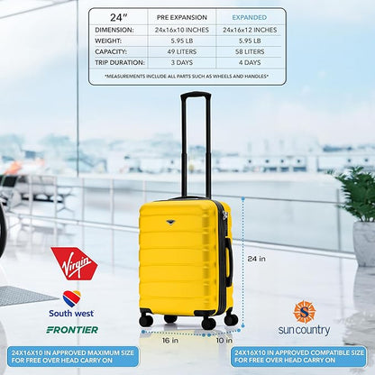 Flight Knight 24x16x10 Expandable Carry On Suitcase Hardside TSA Lock USB C Lightweight Luggage Silent Double Spinner Wheels Maximum Overhead Carry-On Bag For Virgin & South West Approved Airlines