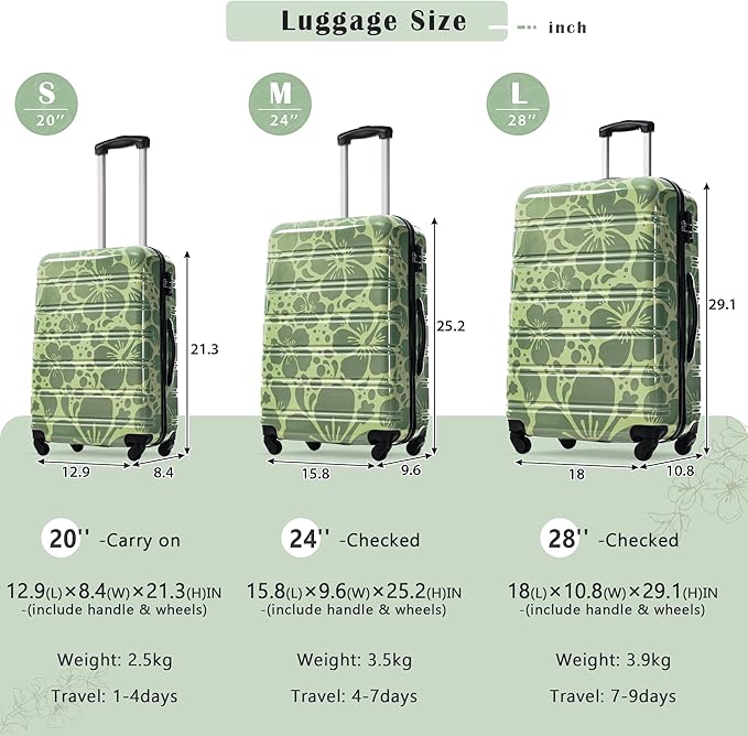 Luggage Sets 3 Piece Durable Suitcase Set with Spinner Wheels, 3 Pcs Hardside Lightweight luggage with TSA Lock, Large Checked Travel Suitcases