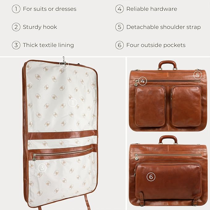 Time Resistance Leather Garment Bag - Slim Suit Duffel Carry-On Suitcase for Dress Protection (Cognac Brown)