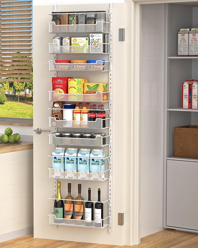 Over the Door Pantry Organizer, 8-Tier Over the Door Organizer with Adjustable Basket, Pantry Door Organization for Pantry Kitchen Storage Room Spice Rack, White